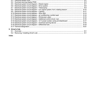 May include: A page from a manual with the "WEIDEMANN" logo at the top. The table of contents lists electrical equipment diagrams, including fuse assignments, relays, and various circuit diagrams for vehicle systems. The page is white with black text.