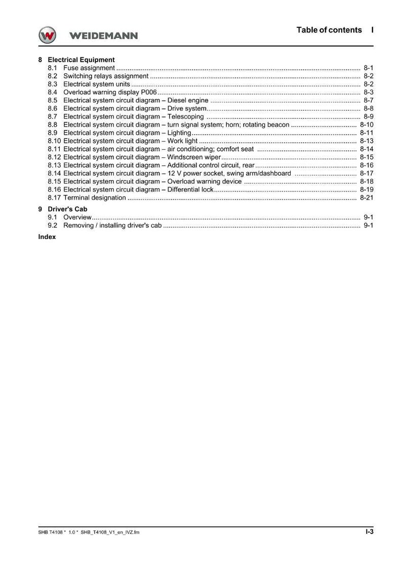 May include: A page from a manual with the "WEIDEMANN" logo at the top. The table of contents lists electrical equipment diagrams, including fuse assignments, relays, and various circuit diagrams for vehicle systems. The page is white with black text.