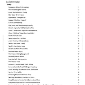 May include: A white page with a black table of contents for a manual. The table lists safety topics such as "Avoid High-Pressure Fluids" and "Wear Protective Clothing". The page number is 2.