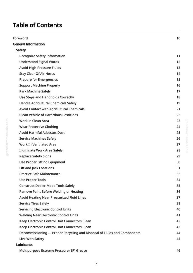 May include: A white page with a black table of contents for a manual. The table lists safety topics such as "Avoid High-Pressure Fluids" and "Wear Protective Clothing". The page number is 2.