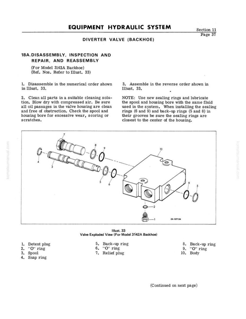 Puede incluir: Diagrama de una v&aacute;lvula de desv&iacute;o de un sistema hidr&aacute;ulico de equipos para una retroexcavadora. La vista explosionada muestra los componentes de la v&aacute;lvula, incluido el cuerpo, la bobina, los anillos y los tapones. El texto proporciona instrucciones de desmontaje, inspecci&oacute;n, reparaci&oacute;n y montaje.