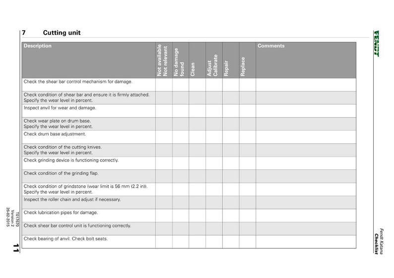 Peut inclure: Une liste de contr&ocirc;le intitul&eacute;e "Unit&eacute; de coupe" avec un tableau de points d'inspection. Le tableau comprend des descriptions telles que "V&eacute;rifier le m&eacute;canisme de commande de la barre de coupe pour les dommages" et "V&eacute;rifier l'&eacute;tat des couteaux de coupe."