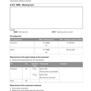 May include: A page from a Fendt 300 Vario S4 manual detailing electrical system measurements. It includes pin assignments for the warning horn and steering column switch, along with voltage and resistance measurement instructions.