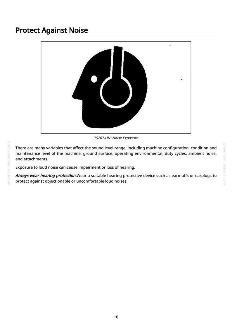 Puede incluir: Gr&aacute;fico en blanco y negro que ilustra una cabeza humana con auriculares, simbolizando la protecci&oacute;n contra el ruido. El texto "Protect Against Noise" est&aacute; en la parte superior, con "TS207-UN: Noise Exposure" debajo de la imagen.