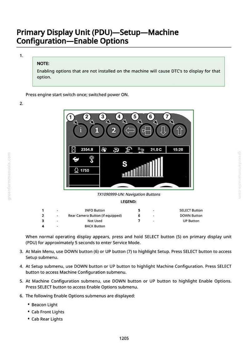 May include: A manual page explaining the Primary Display Unit (PDU) setup and configuration options. The image shows a diagram of the navigation buttons, a legend, and instructions for accessing the setup menu.