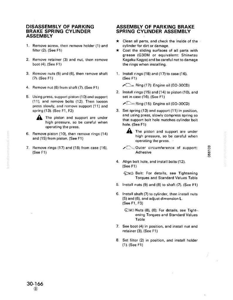 May include: A page from a manual detailing the disassembly and assembly of a parking brake spring cylinder. The text is in black font on a white background, with diagrams and numbered steps.