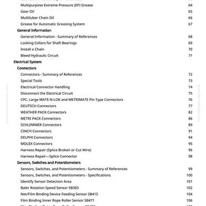 Puede incluir: Una p&aacute;gina blanca con un &iacute;ndice detallado de un manual. El texto incluye secciones sobre lubricaci&oacute;n, sistemas el&eacute;ctricos, conectores y sensores. Los n&uacute;meros de p&aacute;gina se enumeran a la derecha.