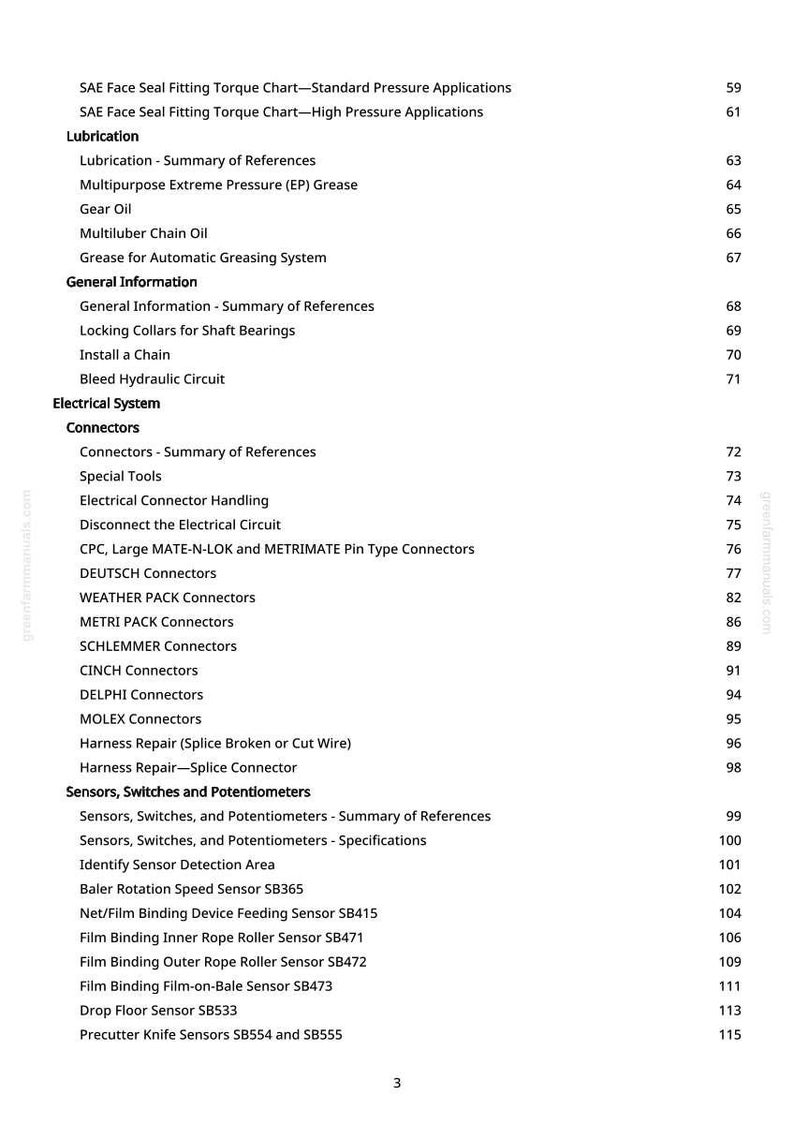 Puede incluir: Una p&aacute;gina blanca con un &iacute;ndice detallado de un manual. El texto incluye secciones sobre lubricaci&oacute;n, sistemas el&eacute;ctricos, conectores y sensores. Los n&uacute;meros de p&aacute;gina se enumeran a la derecha.
