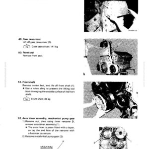May include: An illustrated page from a manual detailing engine disassembly steps. Includes images of components like the timer cover, gear case cover, front seal, and front shaft. Text indicates weights in kilograms and provides instructions.