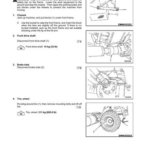 May include: Diagram of front axle disassembly and assembly instructions. Includes steps for removing the front axle, front drive shaft, brake tube, and tire. Measurements are provided in pounds and inches.