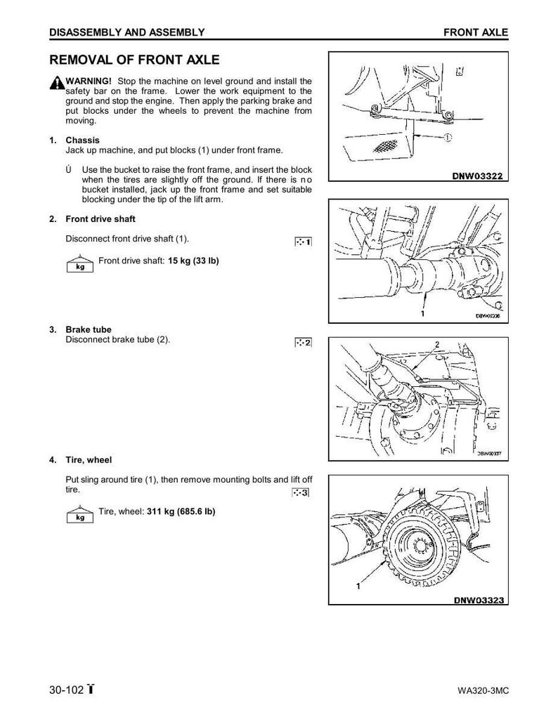 May include: Diagram of front axle disassembly and assembly instructions. Includes steps for removing the front axle, front drive shaft, brake tube, and tire. Measurements are provided in pounds and inches.