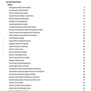 May include: A manual's contents page, titled "Table of Contents", detailing safety procedures. Topics include handling fluids, batteries, and agricultural chemicals. The page is white with black text.