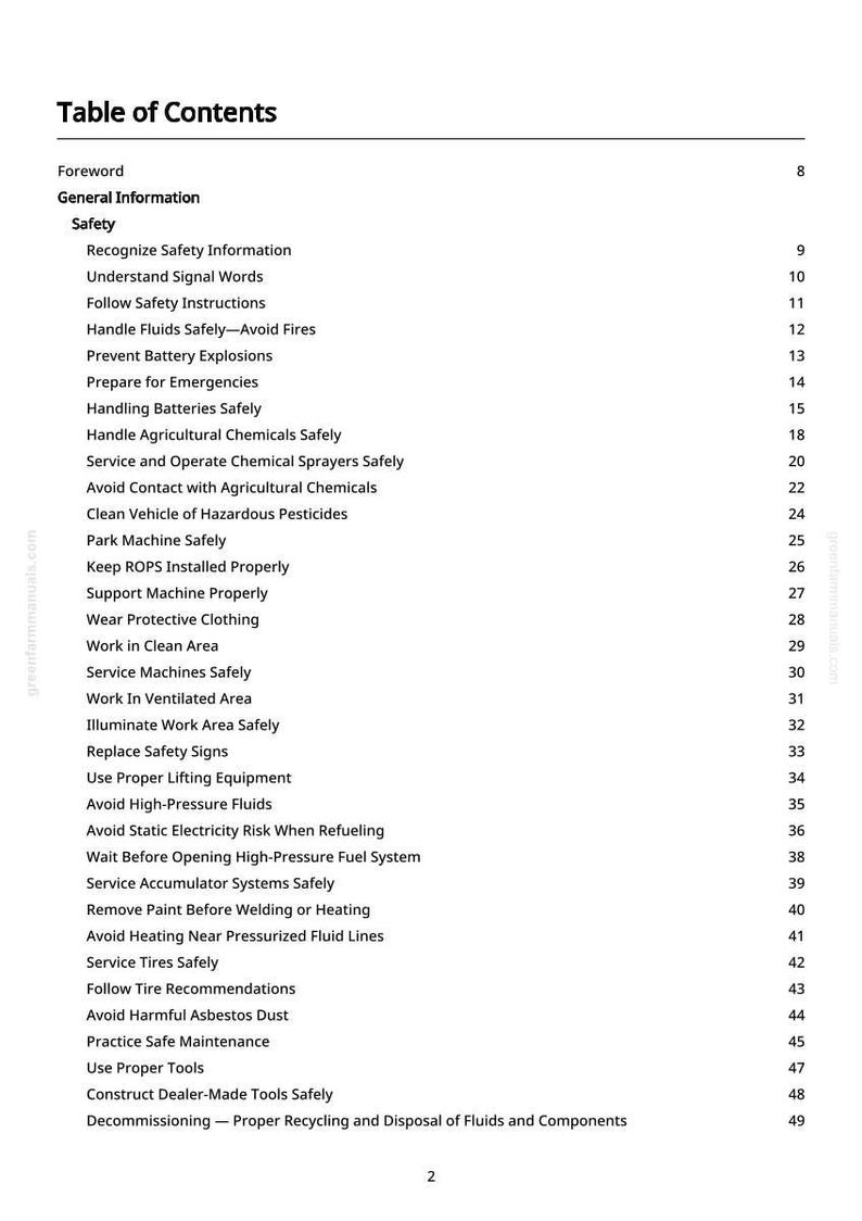May include: A manual's contents page, titled "Table of Contents", detailing safety procedures. Topics include handling fluids, batteries, and agricultural chemicals. The page is white with black text.