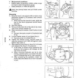 May include: A page from a technical manual illustrating how to measure brake oil pressure. The diagram includes text instructions, vehicle component illustrations, and pressure measurements in MPa and kg/cm&sup2;.