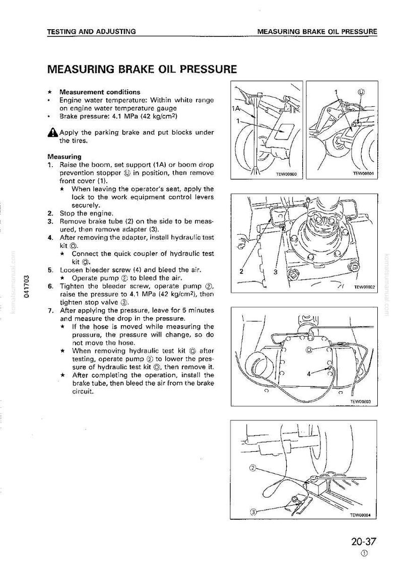 May include: A page from a technical manual illustrating how to measure brake oil pressure. The diagram includes text instructions, vehicle component illustrations, and pressure measurements in MPa and kg/cm&sup2;.