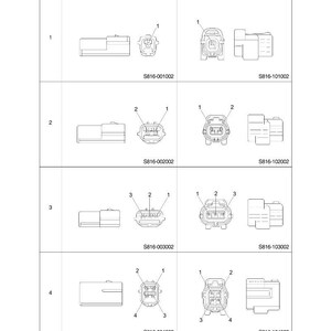 Op de afbeelding: Technische diagram van ECONOSEAL J TYPE CONNECTORS, met receptaculaire en plug connectoren. De afbeelding toont verschillende pinconfiguraties en onderdeelnummers, waaronder S816-001002 en S816-101002. Een gedetailleerde technische tekening.