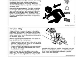 May include: A safety manual page with text and illustrations. The page discusses safety lights, devices, and towing loads for tractors. Diagrams show a tractor with a trailer and safety symbols. The text provides guidelines for safe operation.