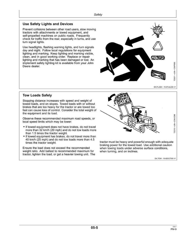 May include: A safety manual page with text and illustrations. The page discusses safety lights, devices, and towing loads for tractors. Diagrams show a tractor with a trailer and safety symbols. The text provides guidelines for safe operation.