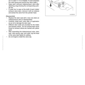 May include: Diagram from a manual detailing the disassembly, inspection, and reassembly of an engine. The image includes text instructions and a small illustration of engine components, including a valve spring compressor.