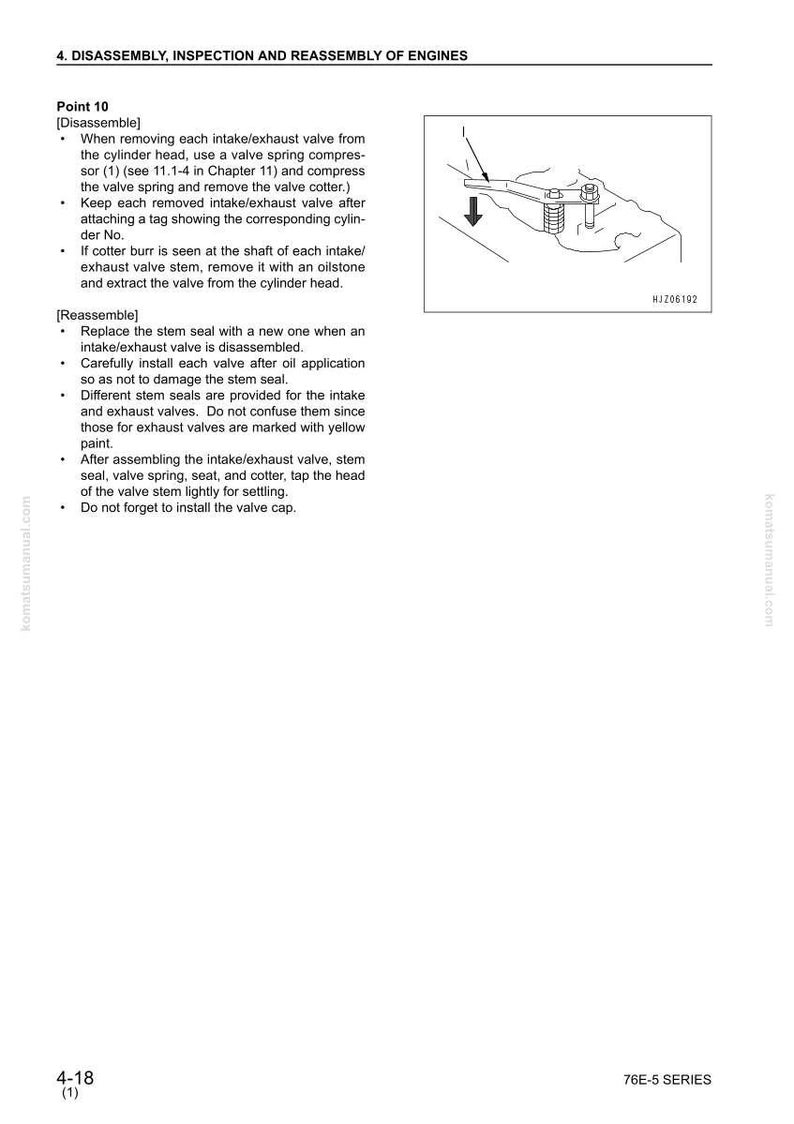 May include: Diagram from a manual detailing the disassembly, inspection, and reassembly of an engine. The image includes text instructions and a small illustration of engine components, including a valve spring compressor.