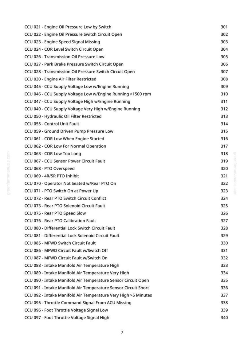 May include: A white page with a list of CCU codes and descriptions, including engine, transmission, and PTO faults. The list also includes codes for intake manifold air temperature and throttle command signals.