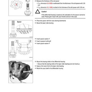 May include: Technical diagram from Kramer ALLRAD detailing axle components and assembly instructions. Includes illustrations of spacers, washers, and bearings, with text explaining the adjustment of the gear drive and caution notes.