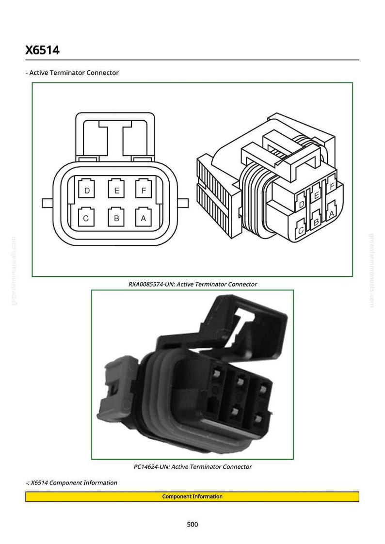 May include: Diagram of an active terminator connector, labeled X6514. The image shows a 3D isometric view and a front view of the connector, along with a photograph of the physical component. The connector has multiple pins labeled A through F.