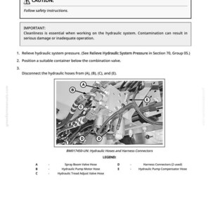 K&ouml;nnte beinhalten: Diagramm zur Entfernung und Installation eines Kombinationsventils, mit Beschriftungen f&uuml;r Hydraulikschl&auml;uche und Kabelbaumstecker. Enth&auml;lt einen Warnhinweis und Sicherheitshinweise. Das Bild stammt aus einem greenfarmmanuals.com-Handbuch.