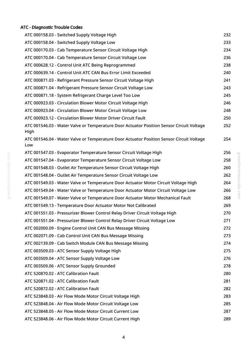 May include: A list of ATC (Air Temperature Control) diagnostic trouble codes, including voltage and sensor faults, with corresponding numerical values. The text is in black font on a white background, with a website URL at the top.