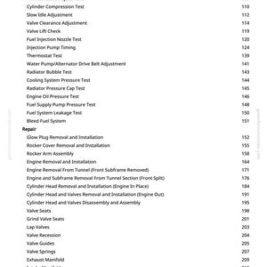 K&ouml;nnte beinhalten: Eine Seite aus einem Handbuch mit einer Liste von Kfz-Reparaturverfahren. Der Text enth&auml;lt &Uuml;berschriften wie "Tests und Einstellungen" und "Reparatur" mit spezifischen Aufgaben wie "Zylinderkompressionstest" und "Ventilsitze".