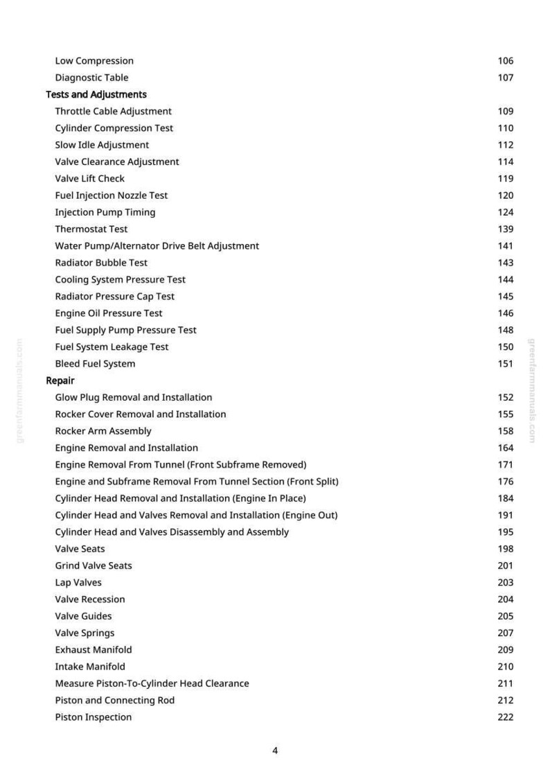 K&ouml;nnte beinhalten: Eine Seite aus einem Handbuch mit einer Liste von Kfz-Reparaturverfahren. Der Text enth&auml;lt &Uuml;berschriften wie "Tests und Einstellungen" und "Reparatur" mit spezifischen Aufgaben wie "Zylinderkompressionstest" und "Ventilsitze".