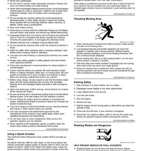 Puede incluir: Una p&aacute;gina de manual de seguridad con instrucciones para operar una m&aacute;quina, incluyendo advertencias sobre espectadores, t&eacute;cnicas de corte y estacionamiento seguro. Incluye una secci&oacute;n sobre el uso de un parachispas.