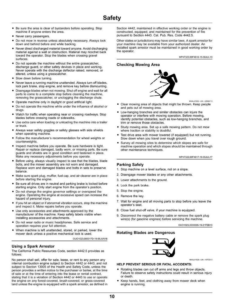 Puede incluir: Una p&aacute;gina de manual de seguridad con instrucciones para operar una m&aacute;quina, incluyendo advertencias sobre espectadores, t&eacute;cnicas de corte y estacionamiento seguro. Incluye una secci&oacute;n sobre el uso de un parachispas.