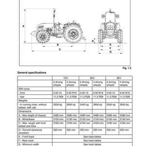 Puede incluir: Diagrama de un tractor con dimensiones y especificaciones. La imagen incluye vistas laterales y frontales, etiquetadas con letras para las mediciones. Una tabla enumera detalles como tama&ntilde;os de neum&aacute;ticos, pesos en kilogramos y dimensiones en mil&iacute;metros.