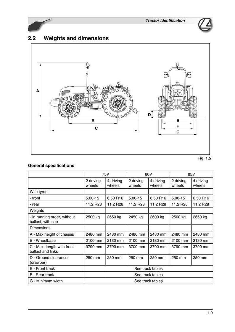 Puede incluir: Diagrama de un tractor con dimensiones y especificaciones. La imagen incluye vistas laterales y frontales, etiquetadas con letras para las mediciones. Una tabla enumera detalles como tama&ntilde;os de neum&aacute;ticos, pesos en kilogramos y dimensiones en mil&iacute;metros.