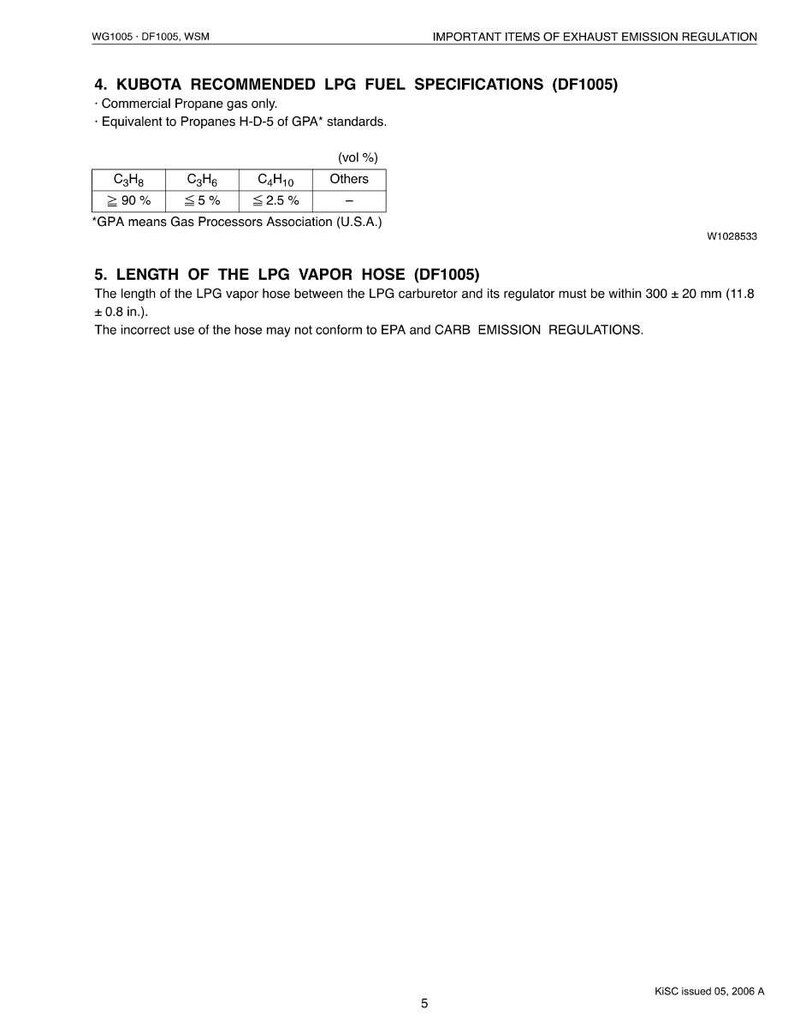 Op de afbeelding: Een wit document met tekst met details over de door Kubota aanbevolen LPG-brandstofspecificaties en de lengte van de LPG-dampslang. Het document bevat een tabel met propaangaspercentages en metingen in mm.