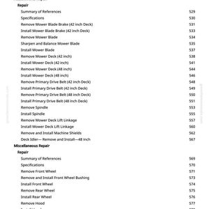 May include: A page from a repair manual with a table of contents. The text includes repair procedures for a mower, such as removing and installing blades, belts, and wheels. The page number is 8.