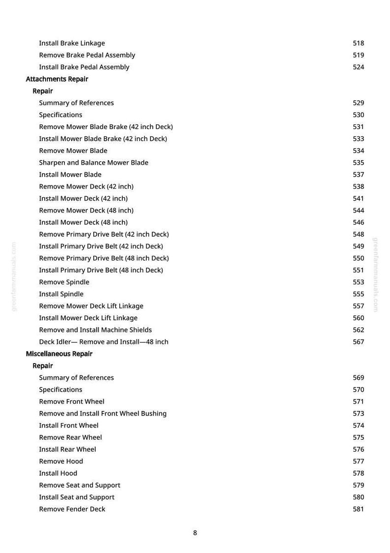 May include: A page from a repair manual with a table of contents. The text includes repair procedures for a mower, such as removing and installing blades, belts, and wheels. The page number is 8.