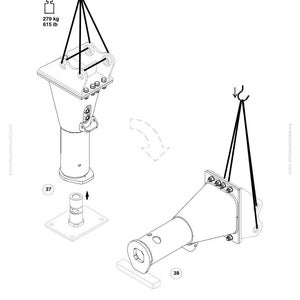 May include: Technical diagram of two metal components, each suspended by a hook and cable. The diagram includes a warning symbol with weight specifications: 279 kg (615 lb). The components are labeled with numbers and arrows.