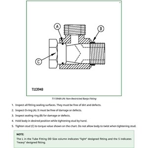 Puede incluir: Diagrama de un racor banjo no restringido con recomendaciones de servicio. La imagen incluye una secci&oacute;n transversal del racor, piezas etiquetadas e instrucciones de inspecci&oacute;n y apriete. El texto incluye "Recomendaciones de servicio" y "T113948-UN: Non-Restricted Banjo Fitting."