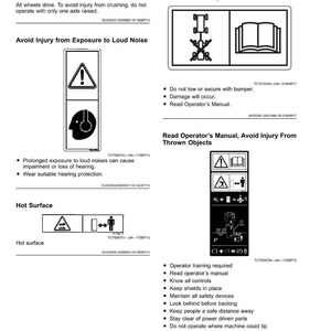 May include: A white page displaying safety labels and warning symbols. The labels advise reading the operator's manual, avoiding loud noise exposure, and preventing injury from thrown objects. A "Hot Surface" warning is also present.