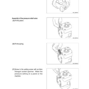 May include: Diagrams illustrating the assembly of a pressure relief valve. The steps include inserting plugs, fitting a piston, fitting a spring, and screwing in a setting screw with an 8mm hexagon socket spanner. Text instructions are included.