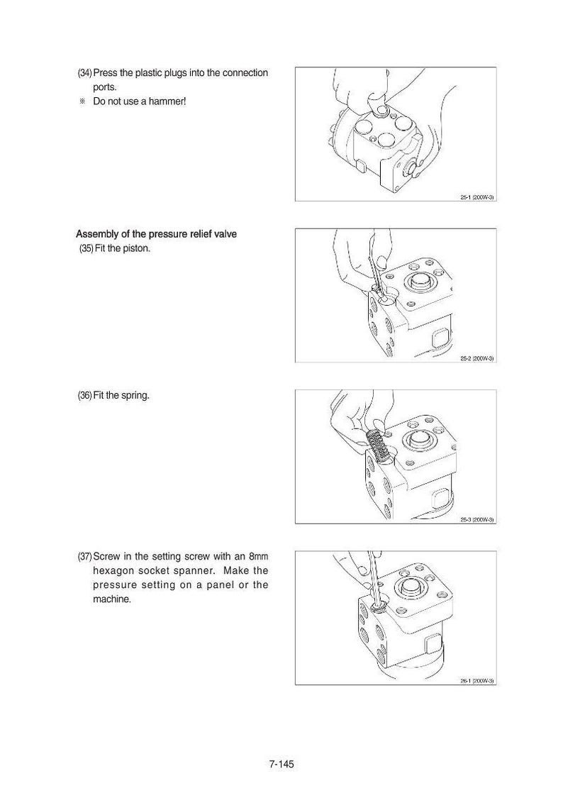 May include: Diagrams illustrating the assembly of a pressure relief valve. The steps include inserting plugs, fitting a piston, fitting a spring, and screwing in a setting screw with an 8mm hexagon socket spanner. Text instructions are included.
