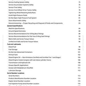 May include: A detailed page from a manual with a list of safety and maintenance topics for machinery. Topics include fuel, lubricants, and serial number locations. The page has a white background with black text.