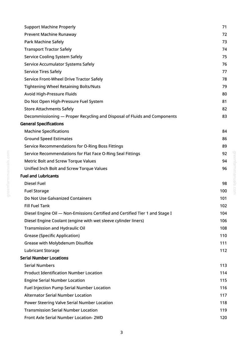 May include: A detailed page from a manual with a list of safety and maintenance topics for machinery. Topics include fuel, lubricants, and serial number locations. The page has a white background with black text.