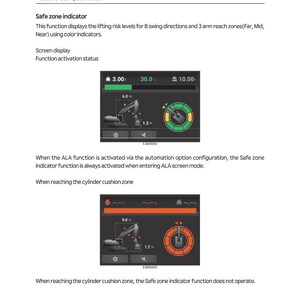 Puede incluir: Un diagrama t&eacute;cnico con texto y dos pantallas. Las pantallas muestran un gr&aacute;fico de excavadora y datos num&eacute;ricos. El texto incluye informaci&oacute;n de seguridad y descripciones de funciones para la excavadora.