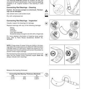 May include: Diagram from a manual detailing connecting rod bearings, including cleaning, inspection, and reuse instructions. The text provides guidance on identifying damage like pitting and corrosion, and measuring bearing thickness in inches.