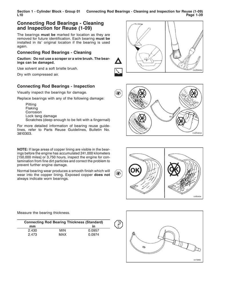 May include: Diagram from a manual detailing connecting rod bearings, including cleaning, inspection, and reuse instructions. The text provides guidance on identifying damage like pitting and corrosion, and measuring bearing thickness in inches.