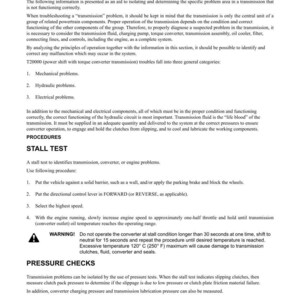 Puede incluir: Una p&aacute;gina impresa con el t&iacute;tulo "T20000 TRANSMISSION" e informaci&oacute;n de soluci&oacute;n de problemas. El texto incluye procedimientos para una prueba de parada y comprobaciones de presi&oacute;n, junto con una advertencia sobre temperaturas excesivas.