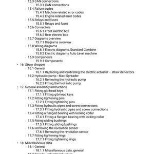 May include: A detailed table of contents from a technical manual, listing sections on electrical systems, wiring diagrams, and general assembly instructions. The text is in black font on a white background.